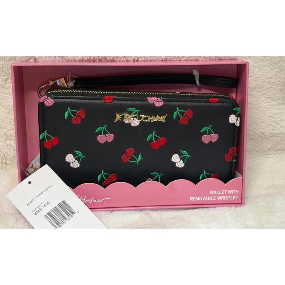 Betsey Johnson Cherry Embroidered Wallet with Removable Wristlet – Black - Picture 2 of 6